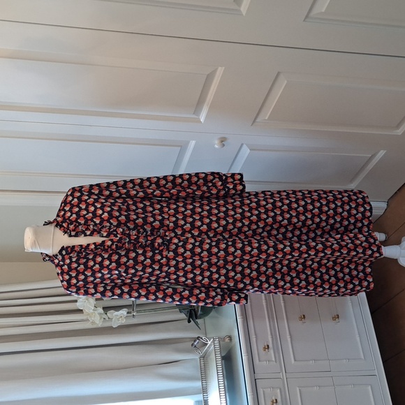 Boden Womens Long Sleeve Navy/Red Midi Shirt Dress Ruffle Neckline S-6